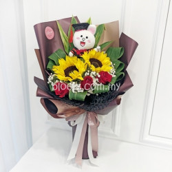 Graduation Bouquet 18 (Convocation Monkey with 2 stalks sunflowers & 3 red roses)